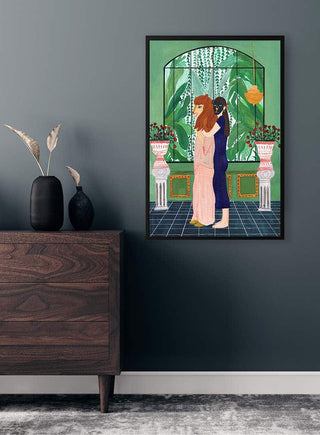 Framed Lion Mom - Jotadejai artwork displayed on a dark wall above a wooden dresser in a modern room.