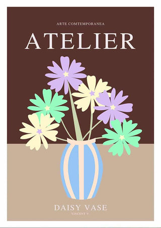 Illustration of pastel daisies in a striped vase, labeled "Daisy Vase No2 - Vincent V" on product page.