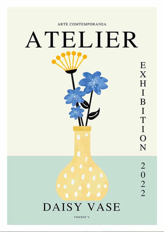 Poster of Atelier exhibition featuring Daisy Vase No3 by Vincent V., yellow vase with blue and yellow flowers.