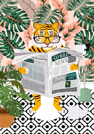 Illustration of a tiger reading a newspaper titled "Go Wild News" among tropical plants and patterned floor.