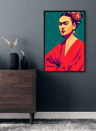 Colorful portrait wall art on dark gray wall, next to a wooden dresser, featured on Enjoy Every Moment - Treechild.