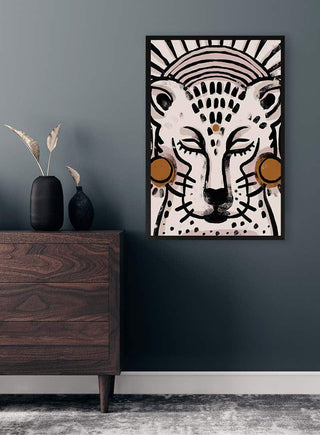 Framed Tiger No. 01 -Treechild artwork on a dark wall above a wooden dresser with vases and dried plants.