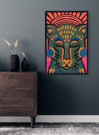 Framed Tiger No. 02 - Treechild artwork with bold, colorful patterns hanging above a wooden dresser.