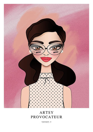 Illustration of a stylish woman with glasses, polka dot top, and pink background for Pink Provocateur - Vincent V.