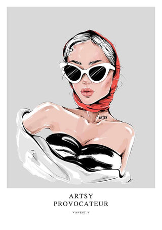 Stylish woman in sunglasses and red scarf, "ARTSY PROVOCATEUR" below; art by Vincent V. for Paris Provocateur.