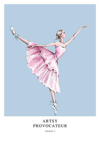 Illustration of a ballerina in a pink dress dancing gracefully; "Dancing Provocateur - Vincent V." product image.