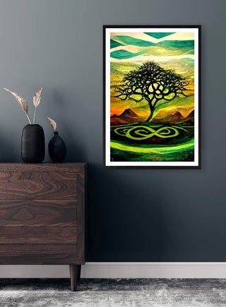 Tree of Life Green by Thomas Nordentoft hanging on a dark wall above a wooden dresser in a modern room.