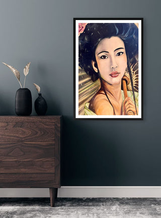 Framed "Take me to Shanghai" by Martina Karlsson displayed on a dark wall above a wooden dresser.