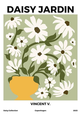 Illustration of white daisies in a yellow vase on a green background, titled Daisy Jardin No 1 by Vincent V.