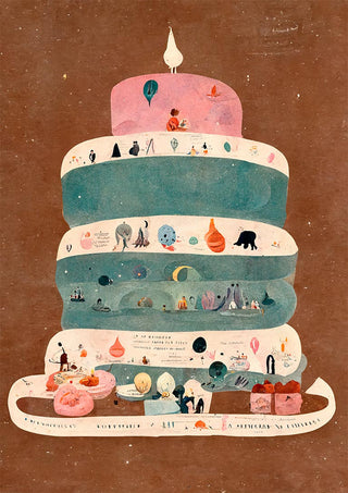 Illustrated birthday cake with whimsical animals and children, themed for My First Birthday - Treechild.