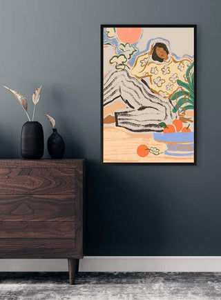 Framed "Lazydays" art print by Arty Guava displayed above a wooden dresser against a dark green wall.