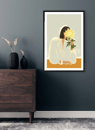 Framed print of "The Crysanthemum" by Arty Guava displayed above a dark wood dresser in a modern room.