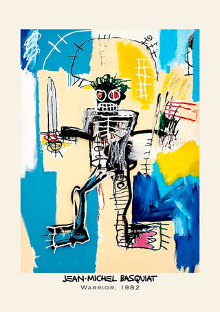Abstract painting "Warrior" by Jean-Michel Basquiat, featuring a bold skeletal figure with vibrant colors.
