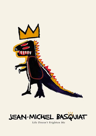 Artwork of a crowned dinosaur by Jean-Michel Basquiat with text "Life Doesn't Frighten Me" on product page.