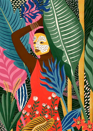 Woman in a floral dress with a painted mask on her face, posing among vibrant tropical leaves and plants.