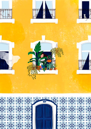 Illustration of a yellow Lisbon building with blue door, tiled facade, balconies, and plants on the window ledge.