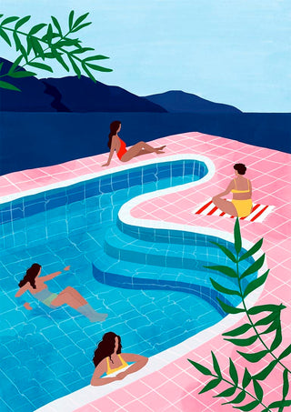 Illustration of four women relaxing by a pool, surrounded by lush greenery and mountains in the background.