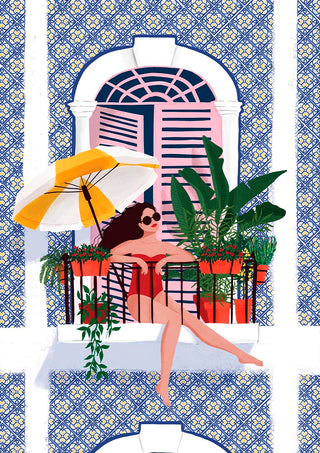 Illustration of a woman relaxing on a balcony with plants and umbrella, from Catching the Sun by Maja Tomljanovic.