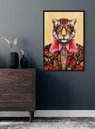 Framed "Artsy Fartsy Tiger - Vincent V" artwork on a dark wall above a wooden dresser with vases.