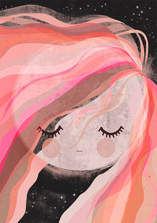 Whimsical illustration of Moon Girl with flowing pink hair and a serene face against a starry night sky.