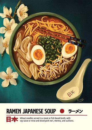 Bowl of ramen with noodles, sliced egg, pork, scallions, and chopsticks on a product page for Japanese soup.