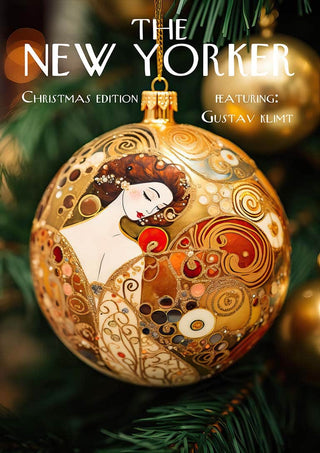 Gold Christmas ornament with Gustav Klimt-inspired art, on New Yorker magazine's Christmas edition cover.