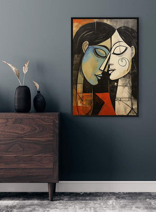 Framed "The Kiss No 04" by David Wolf displayed on a dark wall above a wooden dresser with vases.