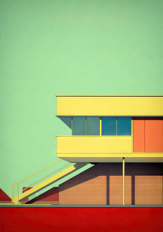 Minimalist Bauhaus-style building with yellow, orange, and red geometric shapes against a pastel green sky.