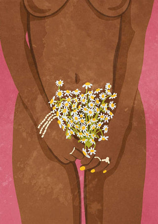 Illustration of a nude figure holding white daisies, featured on Wearing Flowers by Raissa Oltmanns product page.