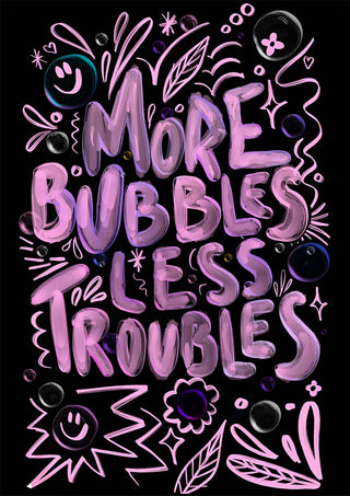 Purple bubbly "More Bubbles Less Troubles" graphic with playful doodles, for Baroo Bloom product page.