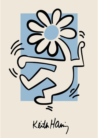 Abstract figure with a flower for a head, outlined in black on a blue background; Keith Haring signature below.