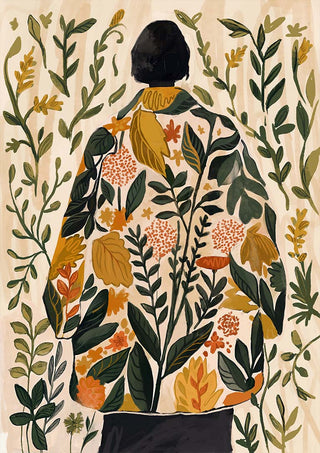 Illustration of a person in a floral coat, surrounded by spring plants; Whispers of Spring - Elara Monet.