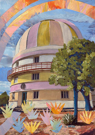 Colorful painting of a round observatory with pink accents, trees, and abstract pastel shapes in the foreground.