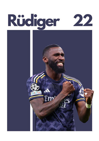 Antonio Rüdiger celebrating in a dark football jersey, with "Rüdiger 22" displayed above.