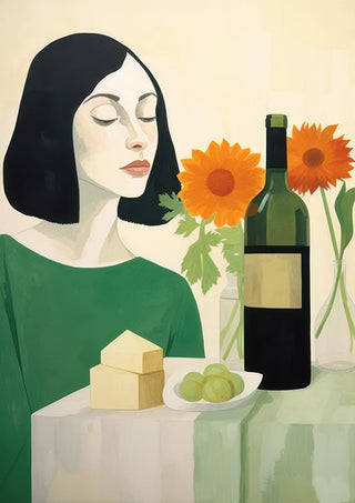 Illustration of a woman with wine, cheese, grapes, and sunflowers; product image for The Winer - David Wolf.