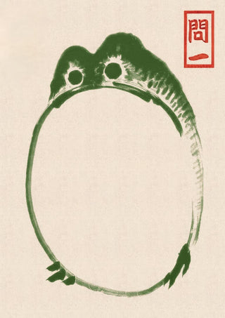 Minimalist green ink drawing of a grumpy toad by Matsumoto Hoji, open circular body with stamp on top right.