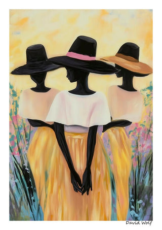 Painting of three women in yellow skirts and wide hats standing in a bright, flowery field.