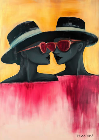 Painting of two figures in hats and red sunglasses against a yellow background, with red fading to white below.