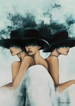 Three women with dark hats and abstract brushstrokes, artwork by David Wolf titled "Three Hats".