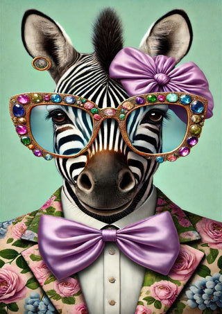 Zebra wearing jeweled glasses, lavender bow tie and headband, and floral suit, on a mint background.