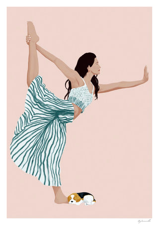 Woman practicing yoga pose in flowing skirt with a small dog resting by her feet on a pink background.