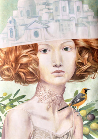 Surreal portrait of a woman with red curls, cityscape on her head, bird on shoulder, for Delicate Armor.