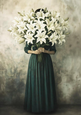 A person in a green dress holds a large bouquet of white lilies, obscuring their face.