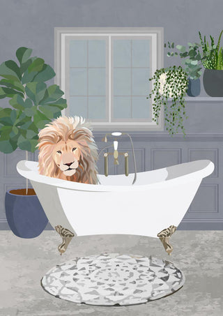 Illustration of a lion in a white bathtub, surrounded by plants, from "Lion takes a bath" by Sarah Manovski.