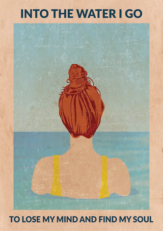 Illustration of a woman with red hair in a bun facing the water, with text about finding peace, for wallchart decor.