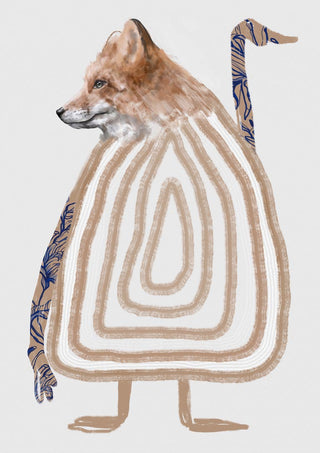Illustration of a whimsical fox-like figure with patterned arm, from DitAyt Kompis by Gabriella Roberg.