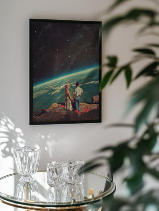 Framed Love - Frank Moth art print on wall above a glass table with crystal decor in a modern room.