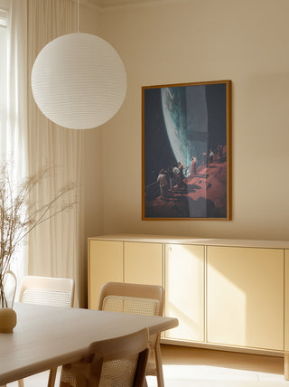 Framed "Missing the Ones We Left Behind" by Frank Moth displayed in a modern, light-filled dining room.