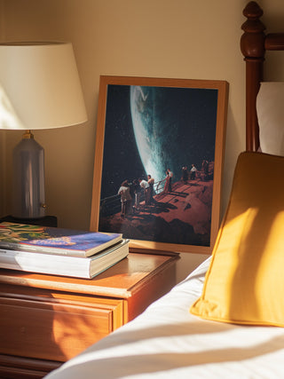 Framed print of "Missing the Ones We Left Behind" by Frank Moth on bedside table next to lamp and books.