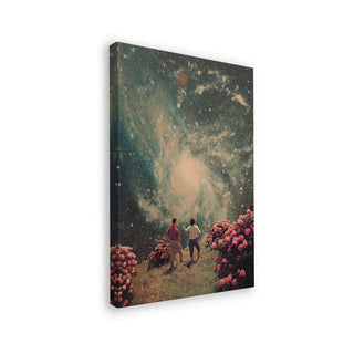 Two people stand on grass near pink flowers, gazing at a star-filled galaxy sky. "There Will Be Light In the End" art print.